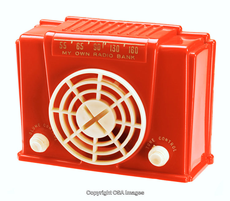 Retro Styled Red Plastic Toy Bank Shaped As a Vintage Radio