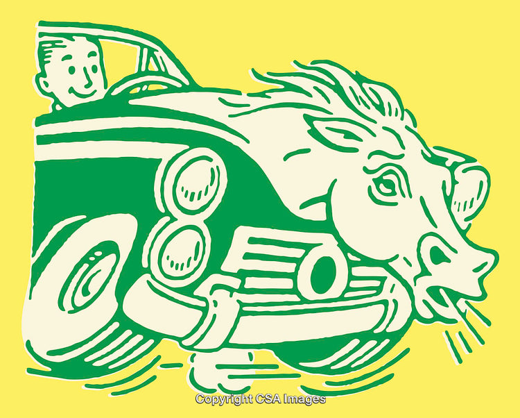 Retro Green and Yellow Illustration Featuring Car with Bull Imagery