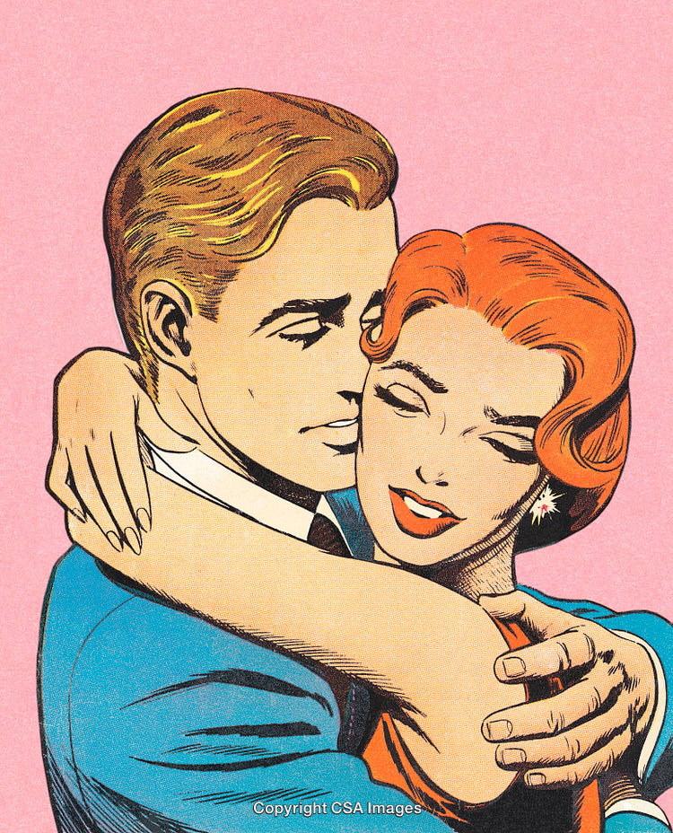 Retro Comic Illustration of a Couple Hugging Against a Pink Background