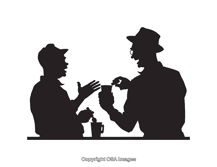 Silhouetted Conversation Between Friends with Hot Beverages in Line Art Style