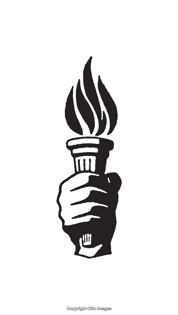 Black and White Line Art of Hand Holding Torch Flame Illustration