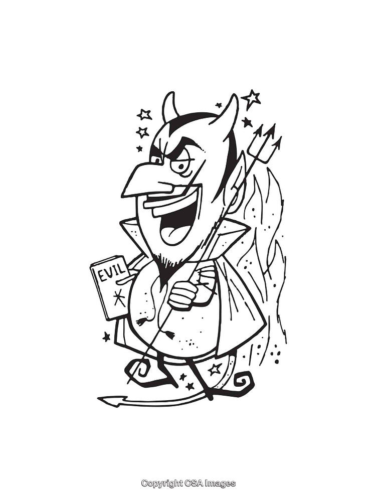 Cartoon Devil Character Holding Book of Evil in Black and White Illustration
