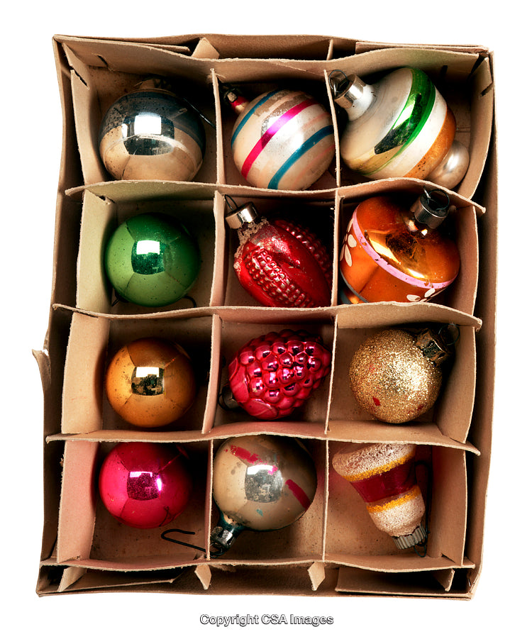 Vintage Christmas Ornaments in a Cardboard Box