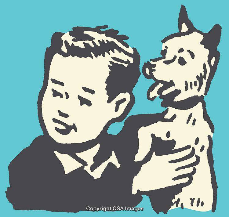 Retro Illustration of a Boy Hugging a Dog Against Blue Background