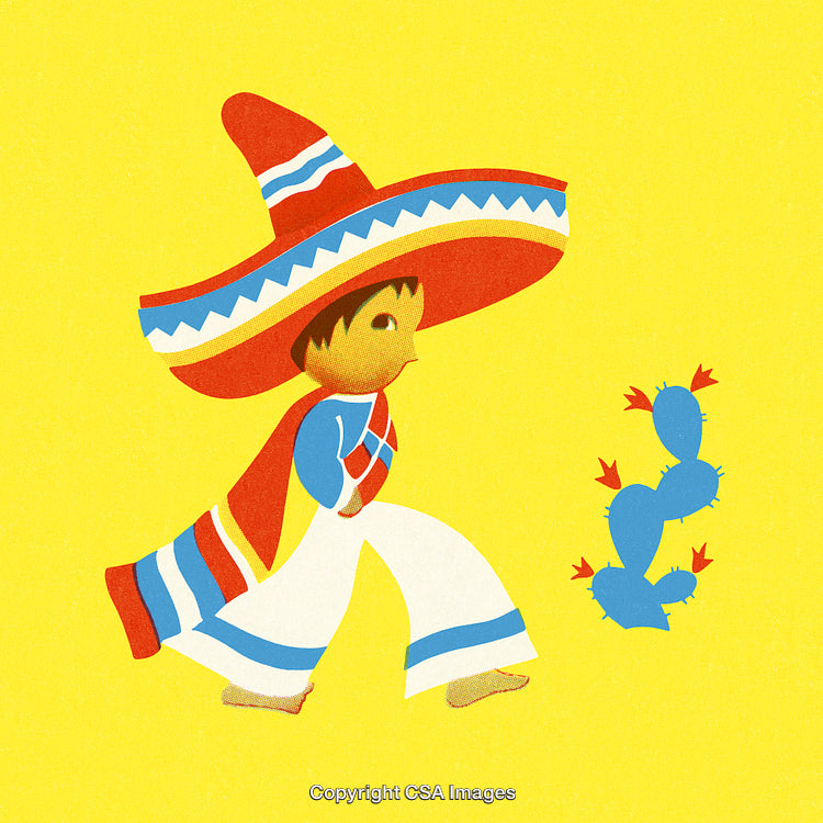 Illustration of a Child in Traditional Attire with Cactus on Yellow Background