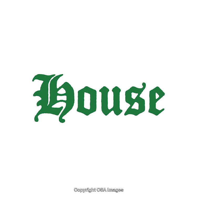 Green Ornamental Text Reading House in Gothic Style on White Background