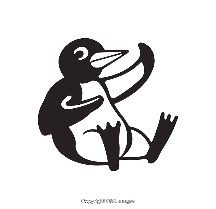 Black and White Line Art Illustration of a Penguin in Playful Pose