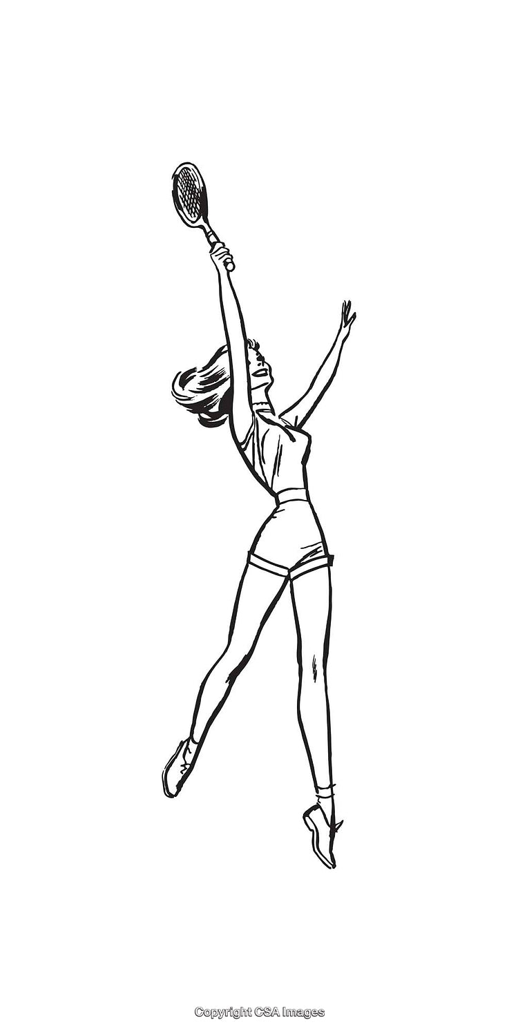 Black and White Sketch of a Woman Playing Tennis with a Racket