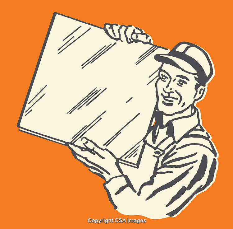 Retro Styled Worker with Glass Panel Display on Bold Orange Background