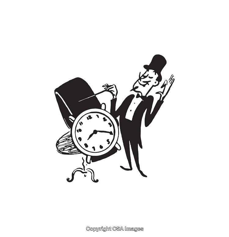 Illustration of a Distinguished Man with a Large Clock in a Black Hat