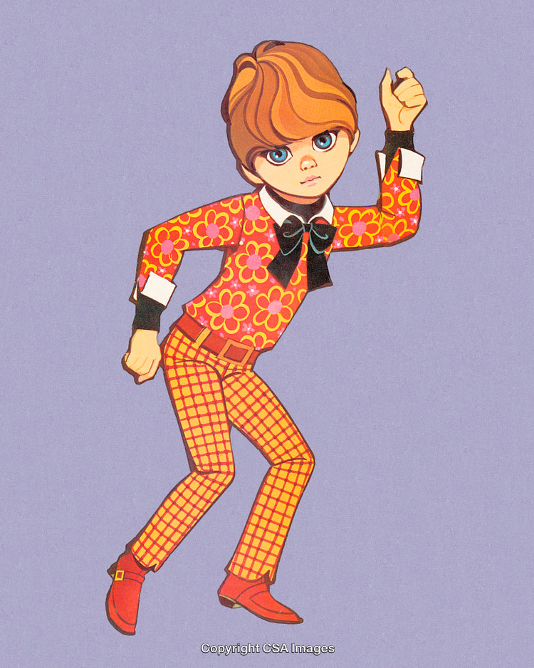 Retro Cartoon Character in Vibrant 1970s Fashion Dancing Against a Purple Background