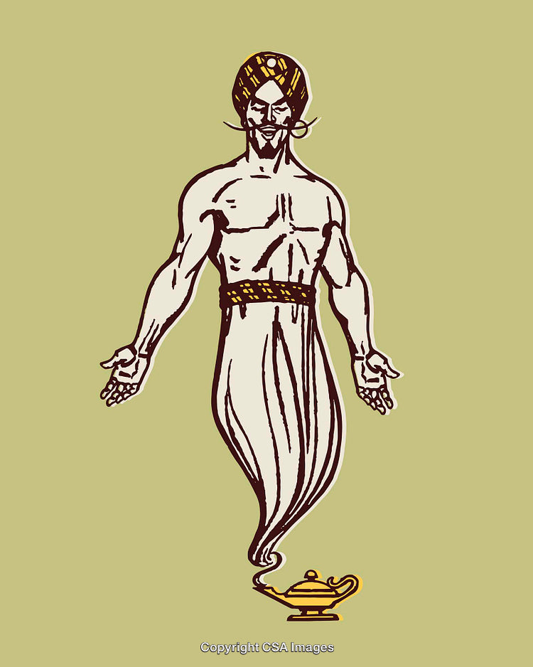 Illustration of a Magical Genie Emerging from a Golden Lamp