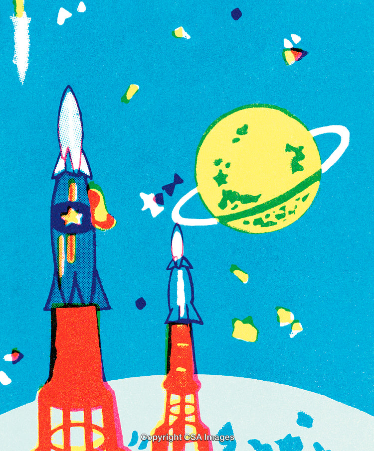 Colorful Space Illustration of Rockets, Planet, and Abstract Elements