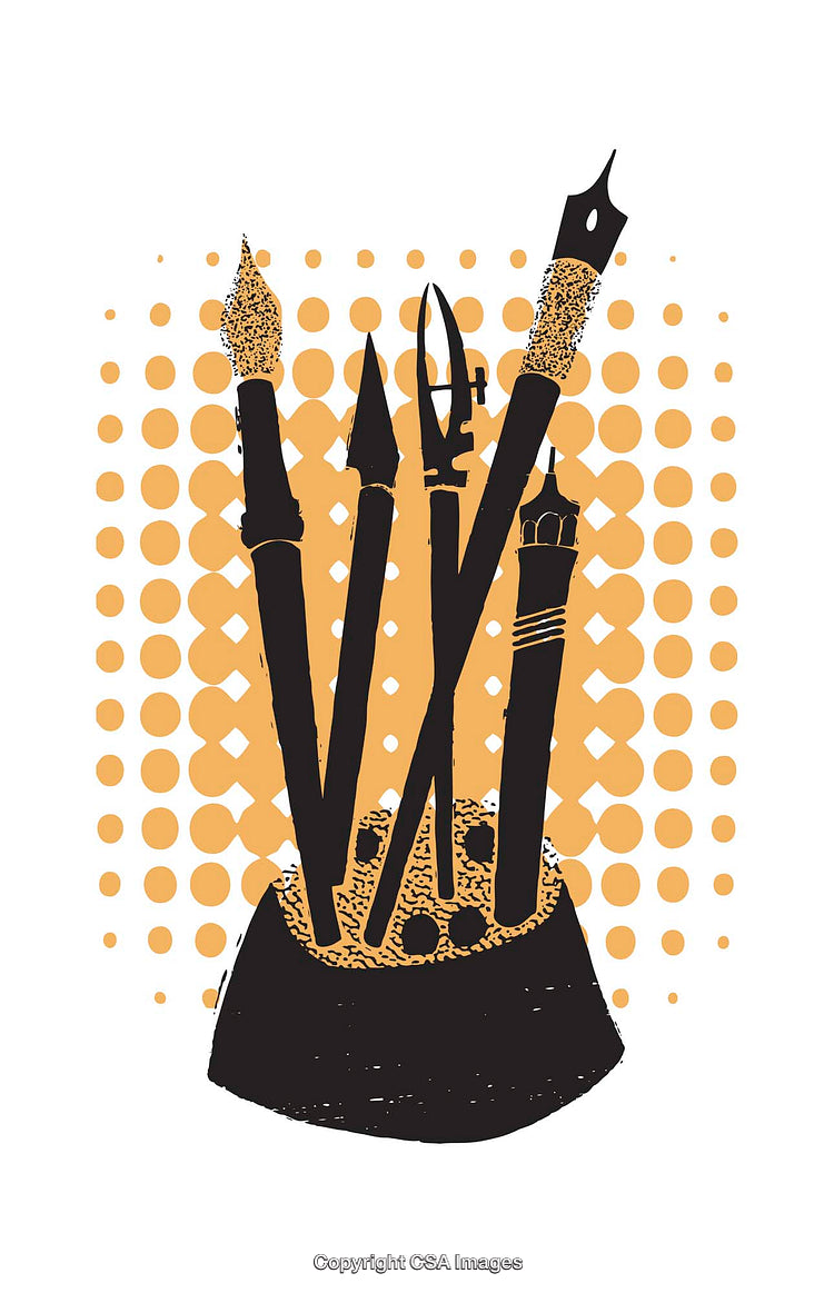 Creative Tools Illustration Featuring Pens and Brushes on a Stylized Background