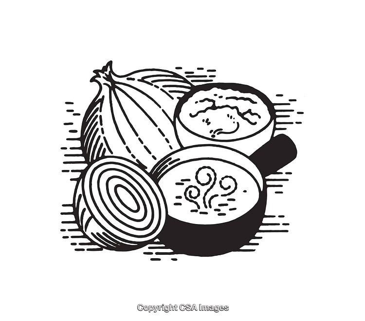 Black And White Line Art Depiction of Onion and Soup Bowls