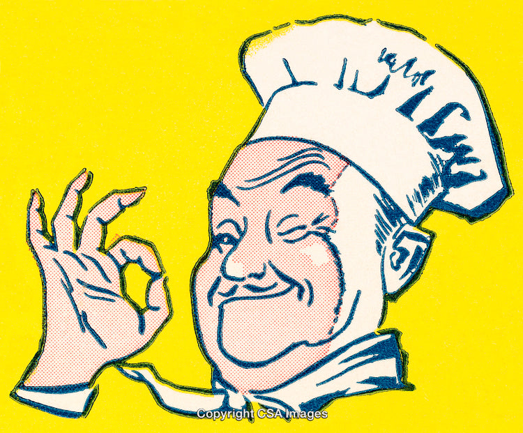 Retro Cartoon Chef Giving a Perfect Hand Gesture on Yellow Background