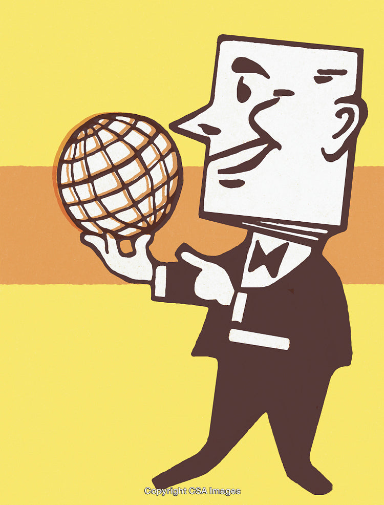 Classic Retro Illustration of a Businessman Holding a Lattice Globe in Hand