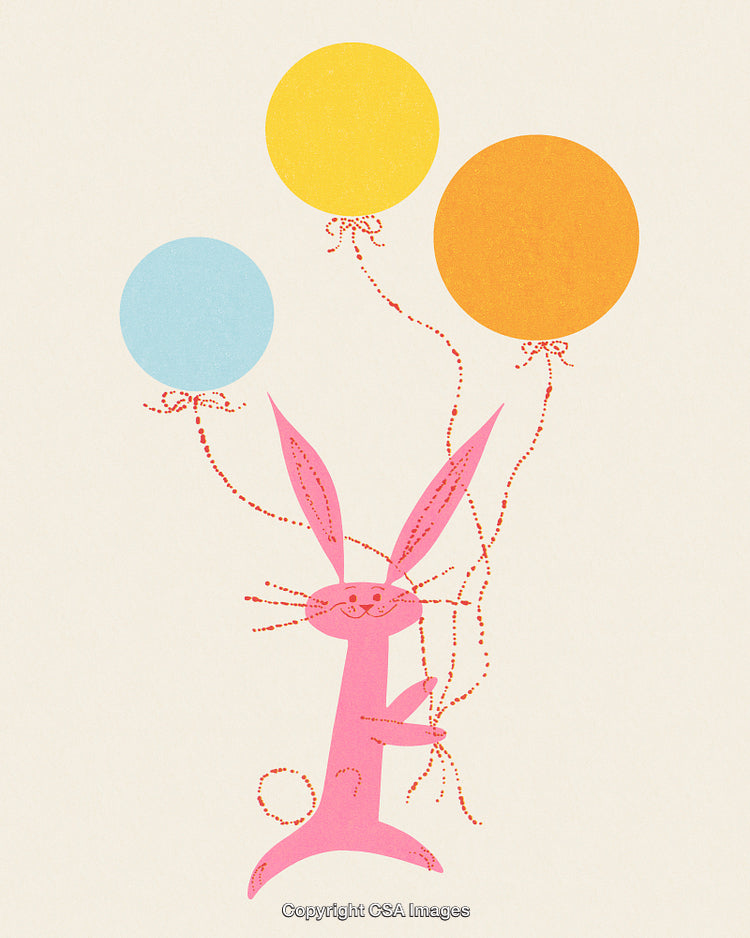 Pink Bunny With Balloons in Cheerful Minimalist Cartoon Style Artwork
