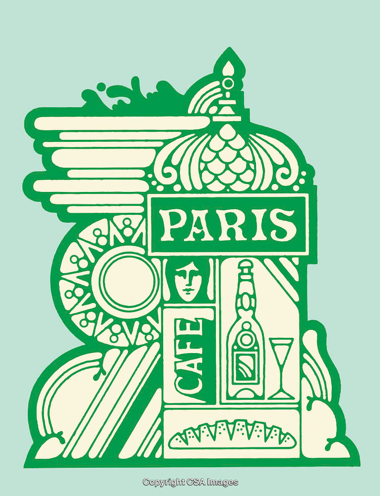 Vintage Parisian Cafe Illustration with Bread, Wine, and Abstract Decor Elements