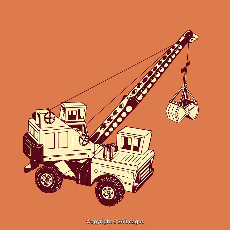 Color Line Art Illustration of an Operational Construction Crane on Orange Background