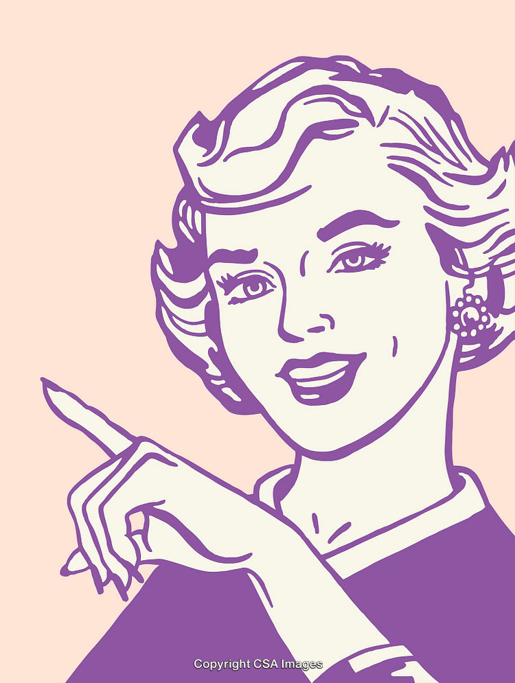 Retro Style Line Art Illustration Depicting a Smiling Woman in Purple