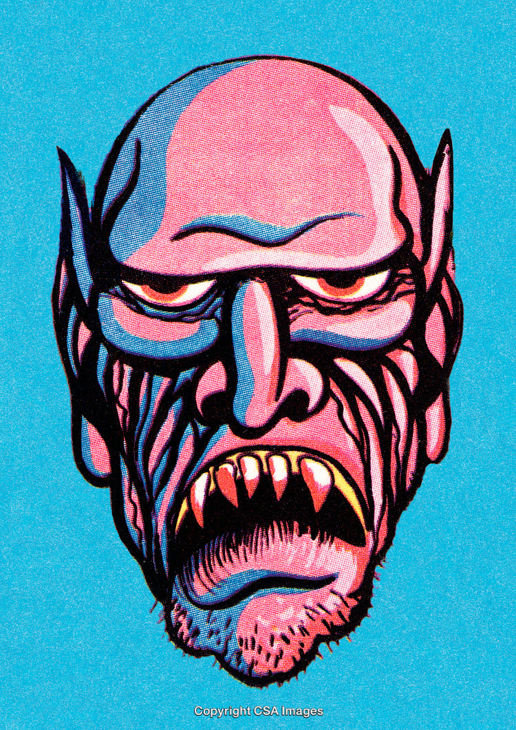 Abstract Illustration of a Bald Vampire Monster with Bright Colors on Blue Background