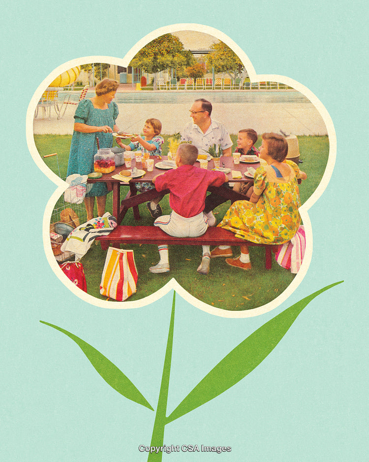 Retro Family Picnic Scene with Stylized Floral Frame Design Outdoors