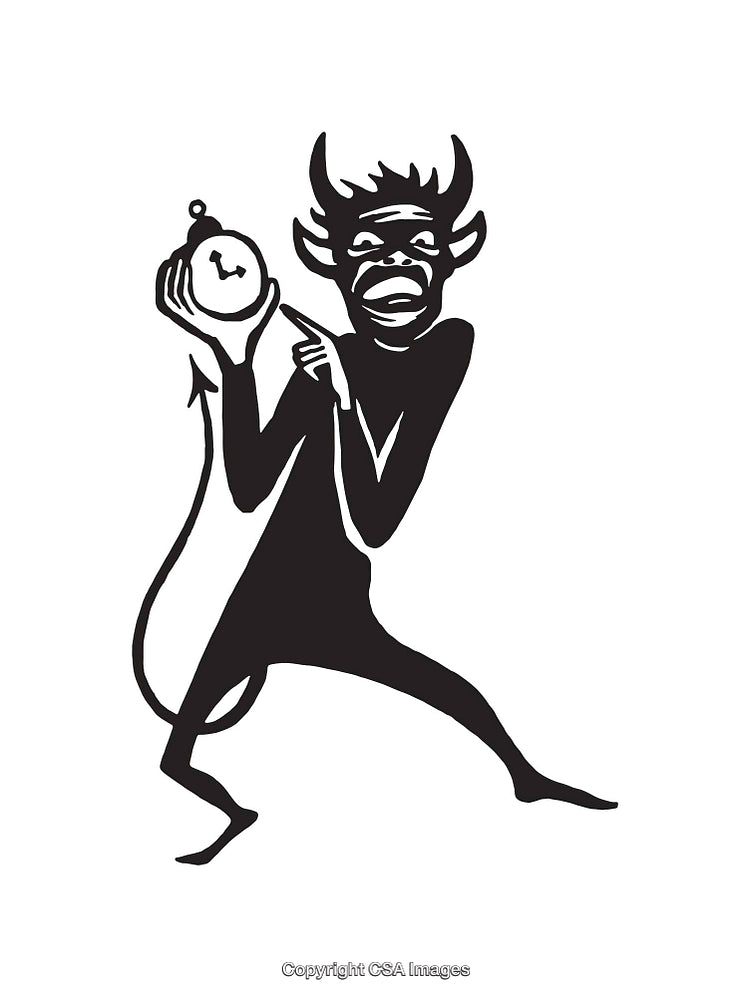 Black and White Line Art Illustration of a Devil Holding a Clock