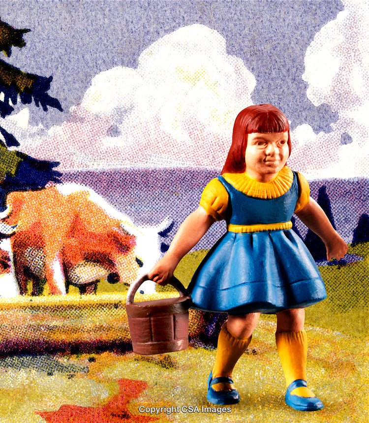 Colorful Toy Figure of Girl Holding Bucket in Pastoral Scene