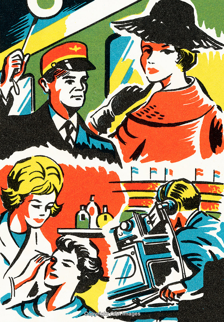 Colorful Retro Illustration Featuring People and Activities in Vintage Style