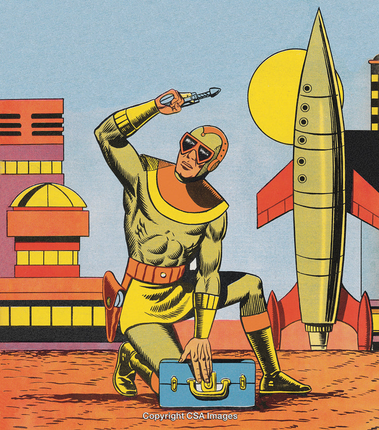 Retro Styled Futuristic Explorer Against a Rocket and Modern Cityscape