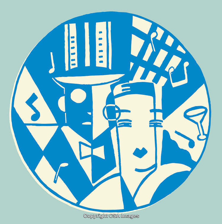 Vintage Jazz Style Blue and Cream Line Art Illustration