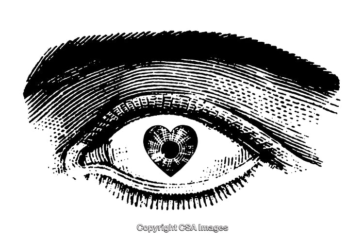 Intricate Black and White Engraving of an Eye with Heart Center