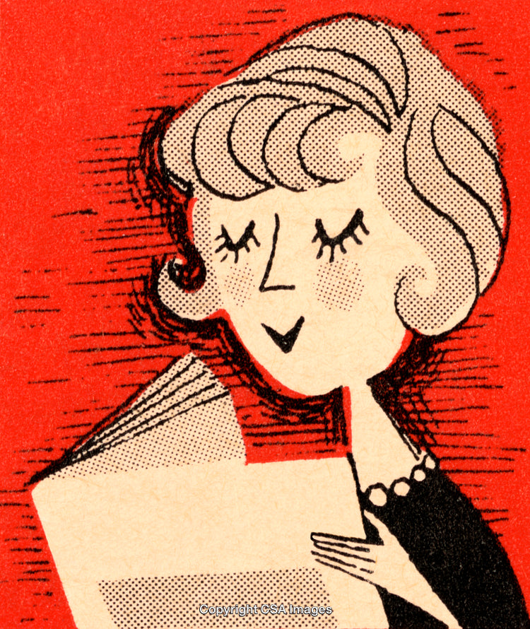 Illustrated Woman Reading a Paper with a Retro Red Background