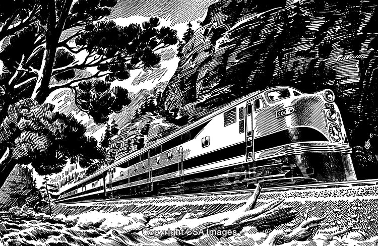 Vintage Steam Locomotive Engraving in Mountainous Terrain with Trees