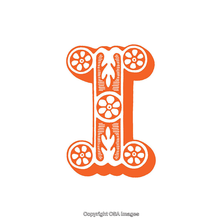 Decorative Orange Letter I With Floral Ornamentation in Bold Design