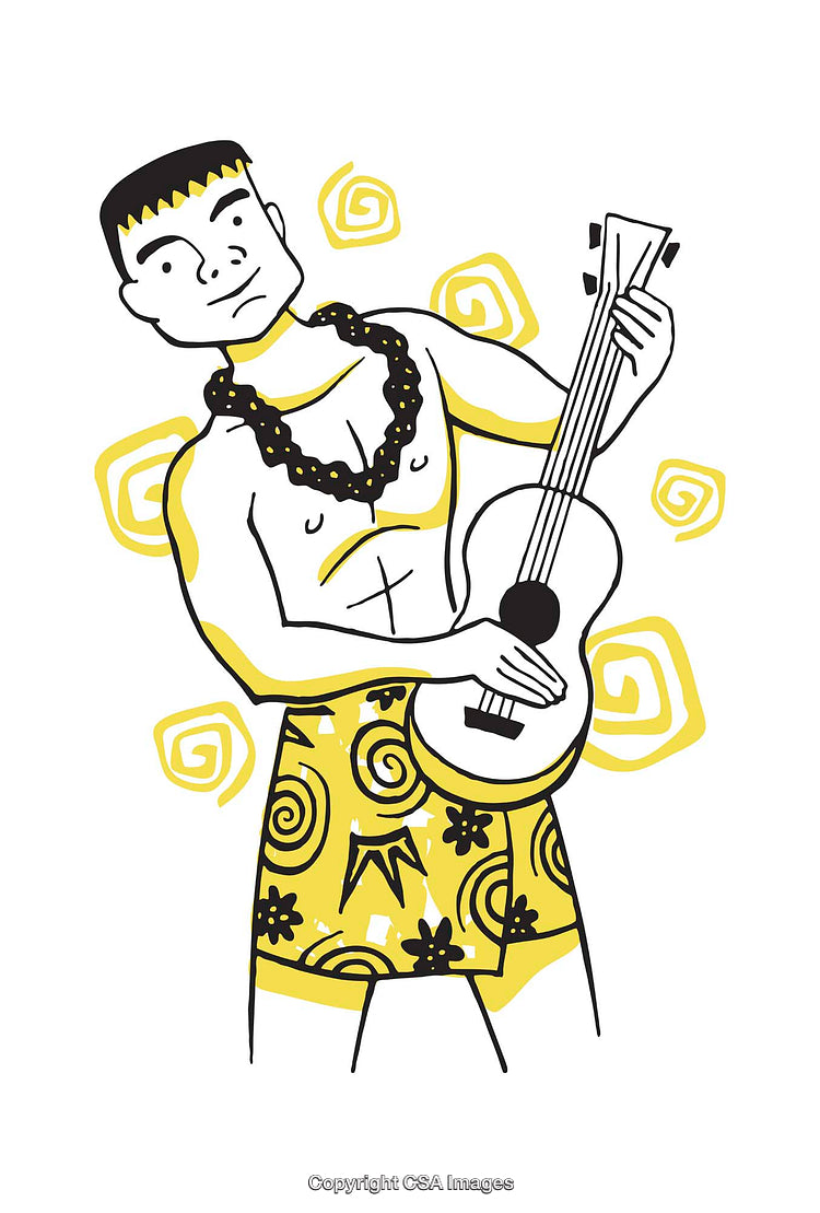 Cartoon Illustration of Hawaiian Musician Playing Ukulele with Colorful Hawaiian Attire
