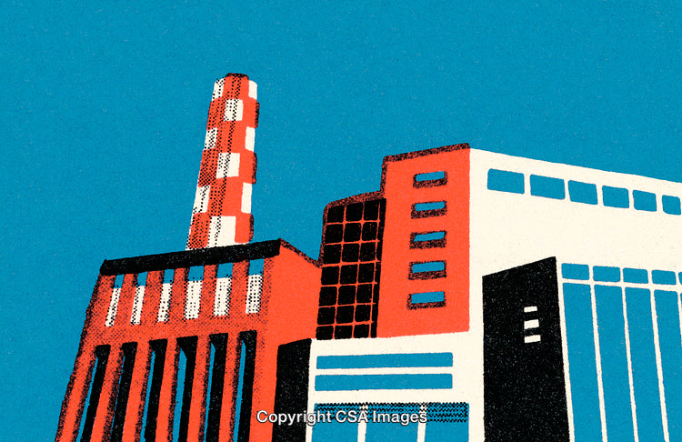 Illustrative Depiction of an Industrial Building Against Blue Sky