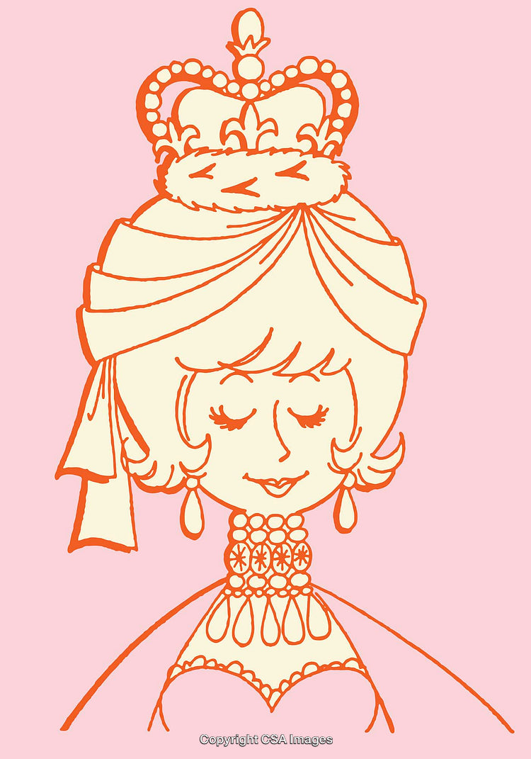 Elegant Line Art Illustration of a Queen with Crown and Jewelry