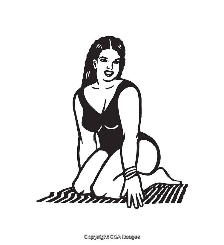 Stylized Black and White Retro Illustration of a Woman in Swimwear