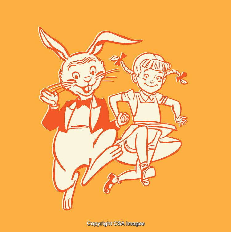 Vintage Cartoon of a Girl and Rabbit Holding Hands in Joyful Movement