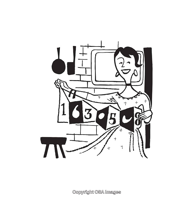 Retro Illustration of a Woman Crafting Decorative Banner in Black and White