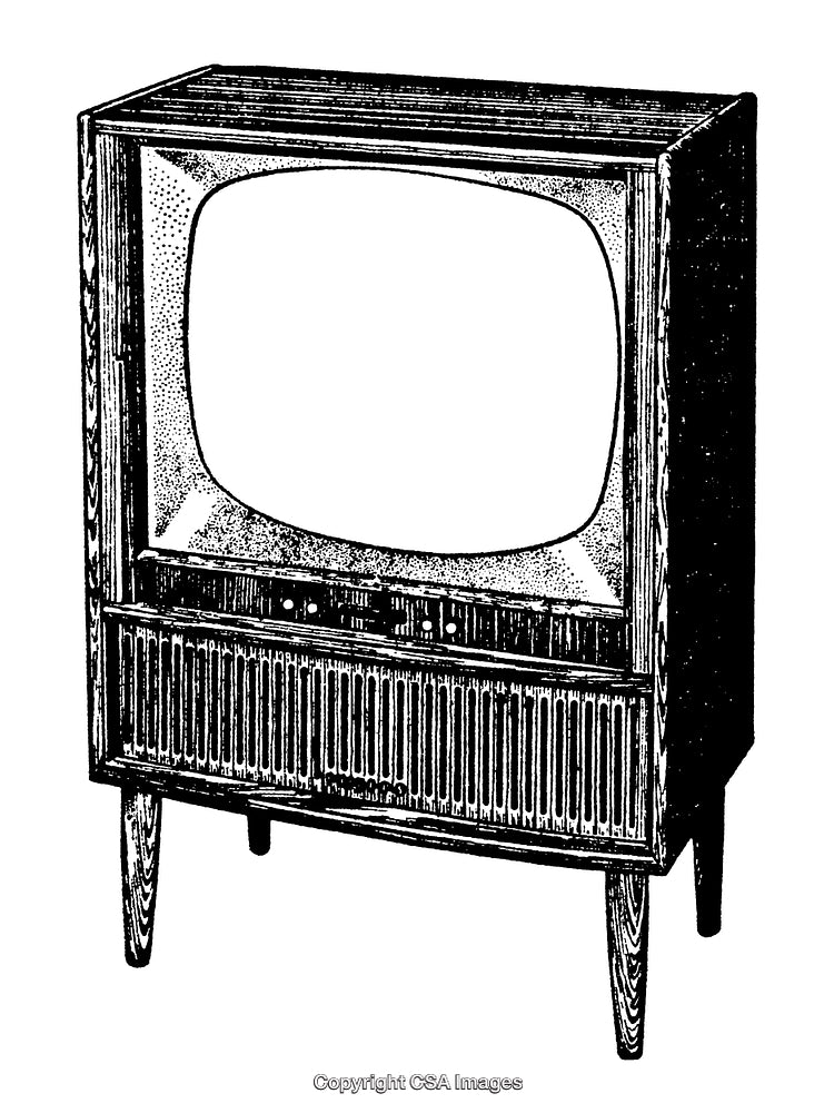 Vintage Television Illustration Featuring Retro Design in Black and White Engraving