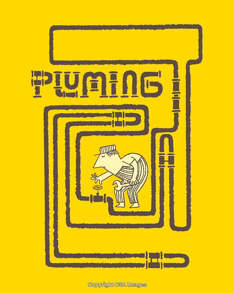 Retro Plumbing Art Featuring Cartoon Worker in Bright Yellow Background