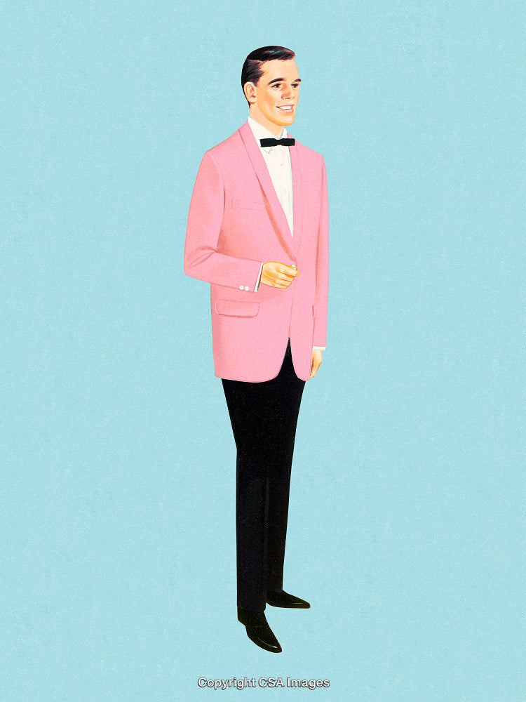 Elegant Man in Pink Jacket and Bow Tie on Calm Blue Background