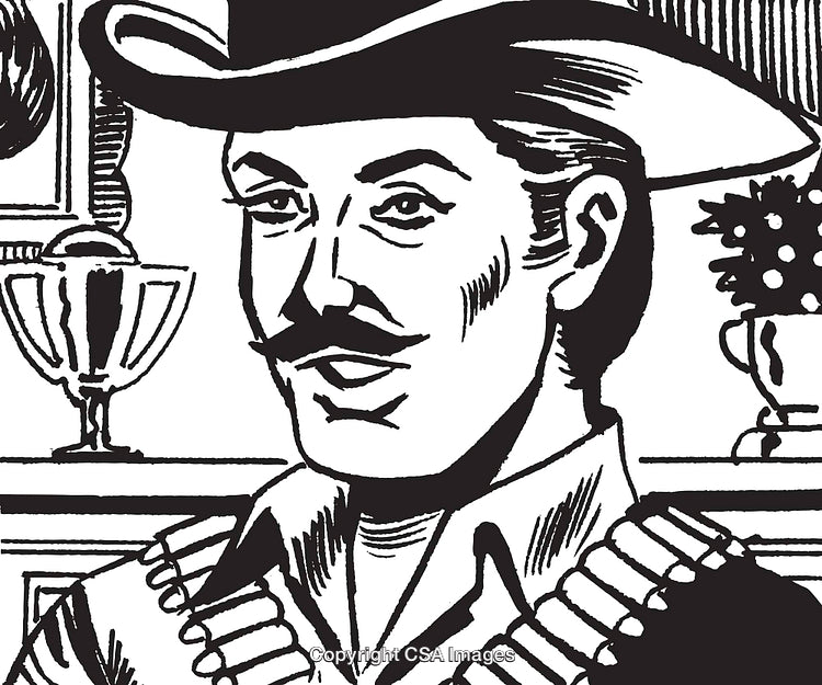 Vintage Black And White Illustration of a Western Cowboy with a Moustache