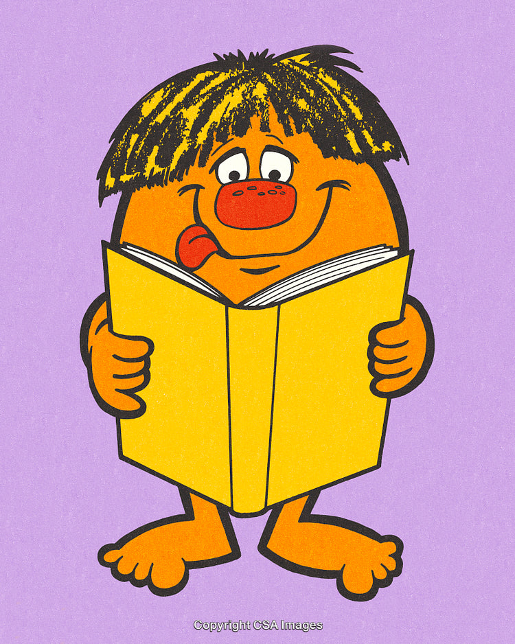 Cartoon Character Reading a Book With a Cheerful Expression