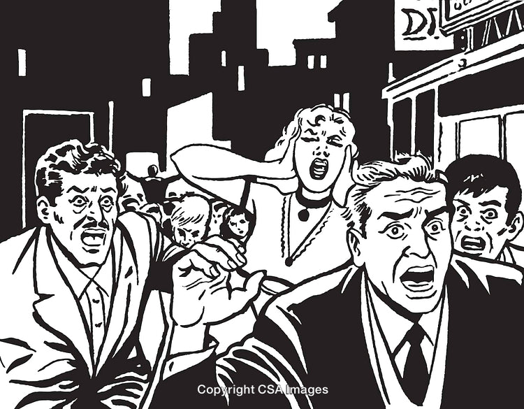 Panicked Crowd Reacting in a Nighttime Urban Setting, Black and White Art Style