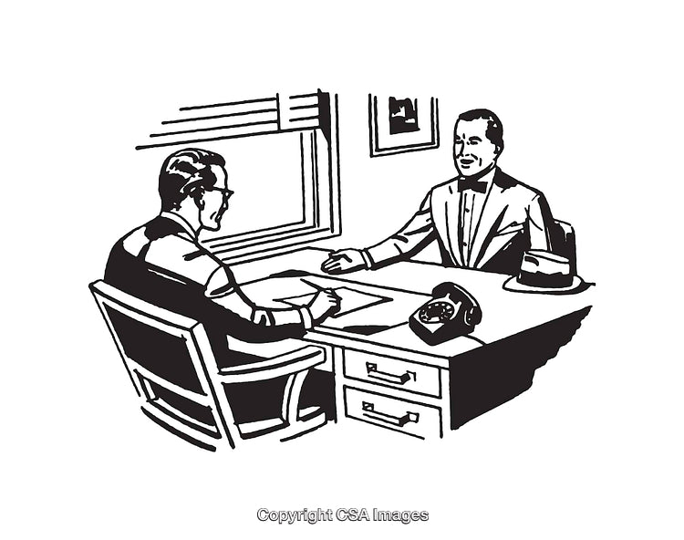 Black and White Business Meeting in a Vintage Style Line Drawing