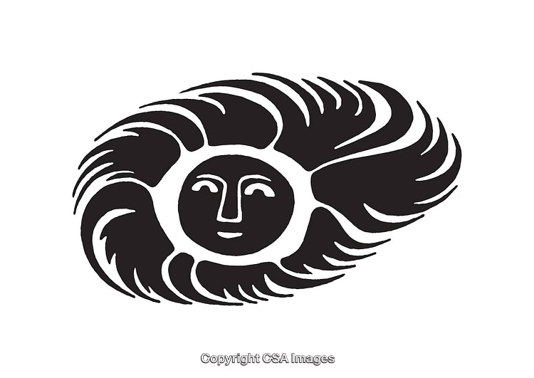 Black and White Abstract Sun Illustration with Face and Flowing Lines